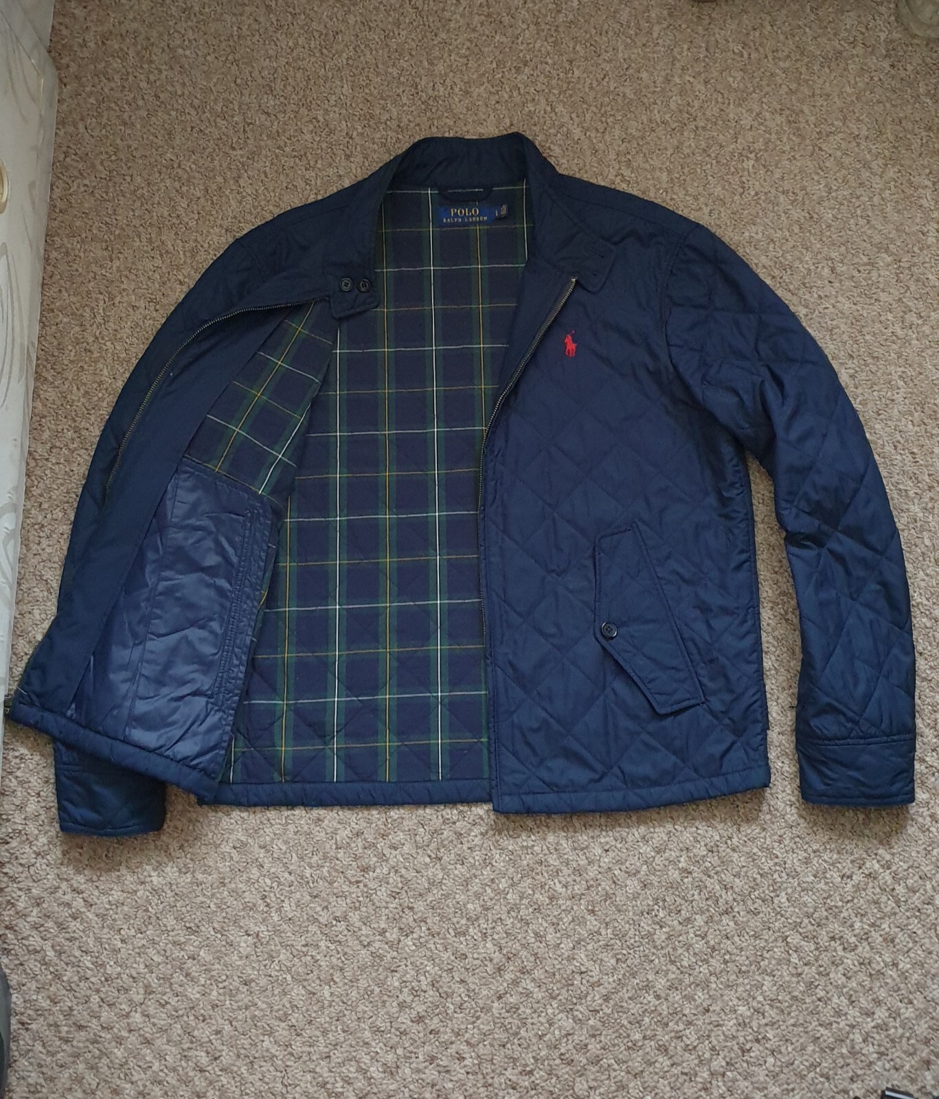 Giacca Polo Ralph Lauren blu navy trapuntata tasche fodera quadri L grande rosso pony