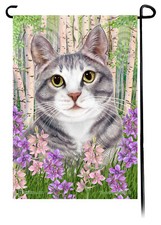 Spring Flowers Garden Flag - Blue and White Tuxedo Cat