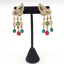 Womens Gold Tone Metal Colorful Rhinestone Butterfly Dangle Earrings 2 1/2 in