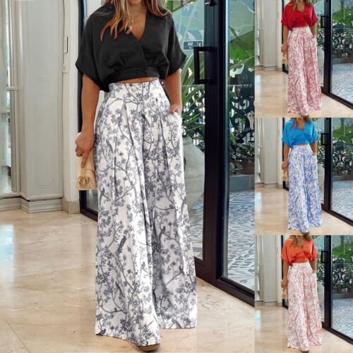 Women Pleated 2 Piece Pants Outfits Casual Loose Button Shirt Blouse Top Long - Afbeelding 1 van 36