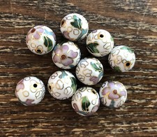 Vintage Genuine Asian White Multi Floral Cloisonn  Enamel Metal Round Bead Lot