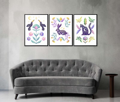 Birds Rabbit & Cat  Vector Set of 3 Poster Wall Art Prints Unframed QUALITY