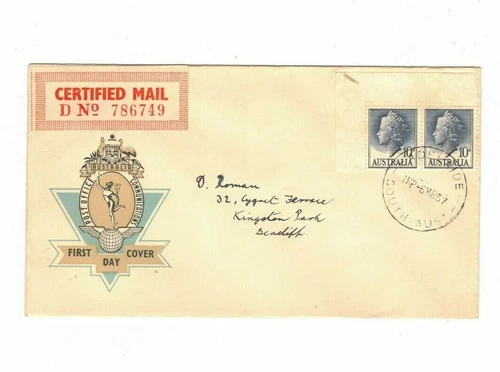 Australia 1957 10d QE on OFFICIAL CERTIFIED FDC,cds ADELAIDE SA