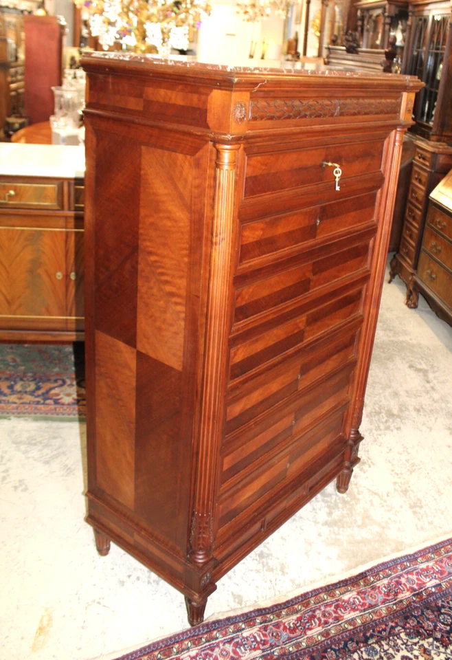 Escritorio de secretaria francés antiguo Luis XVI de nogal | Armario de escritorio con tapa de mármol Foto 4 de 4