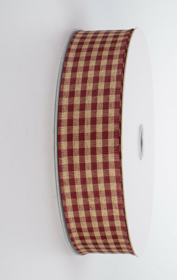 1.5 Inch Primitive Gingham Check Canvas Ribbon - 10 Yard Red & Tan Wired Americana Craft Ribbon