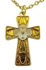Gold Toned Base White Enamel Eucharist First Communion Cross Pendant, 1 5/8 Inch