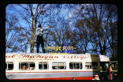 1950s Kodachrome Slide of Man on Mount Pleasant Michigan College Bus c30c