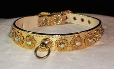 Dog Collar Rhinestone metallic faux leather Elegant Filigree GOLD AB Jewel Bling