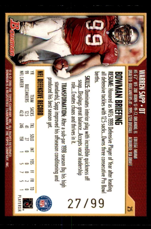 2000 Bowman Gold Warren Sapp /99 Buccaneers #25 *Noles2148* - Image 2 of 2