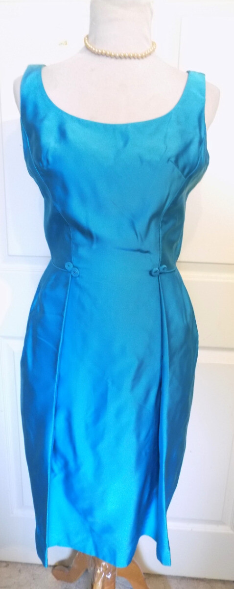Vintage 50s 60s Teal Blue Sleeveless Party Dress John Norman B36