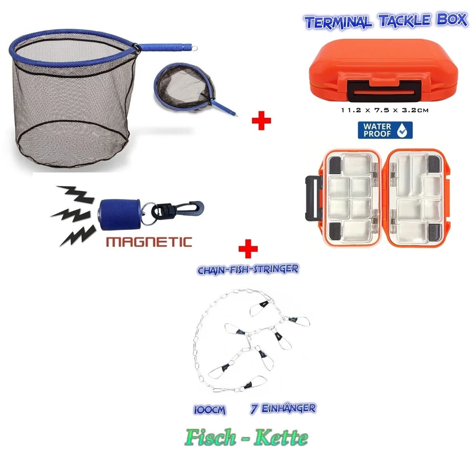 Fischkette mit 7 Einhänger + Inshore Floating Kescher + Wasserdichte Tackle Box