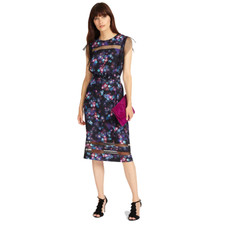 Phase Eight Midi Sheath Dress Kacy Floral Print Black Purple Tie Waist | UK Sale