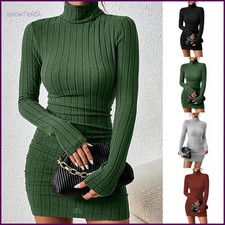 Vestido de Punto para Mujer Elegante de Fiesta Cuello Alto Manga Larga Bodycon