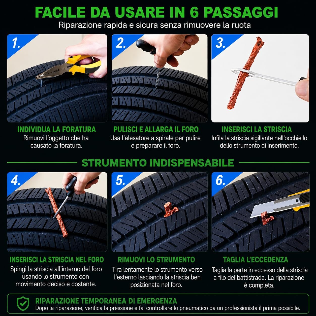 Topolenashop 7 Pezzi Kit Riparazione Pneumatici Tubeless Set Ripara Gomme Auto e - Miniatura 23