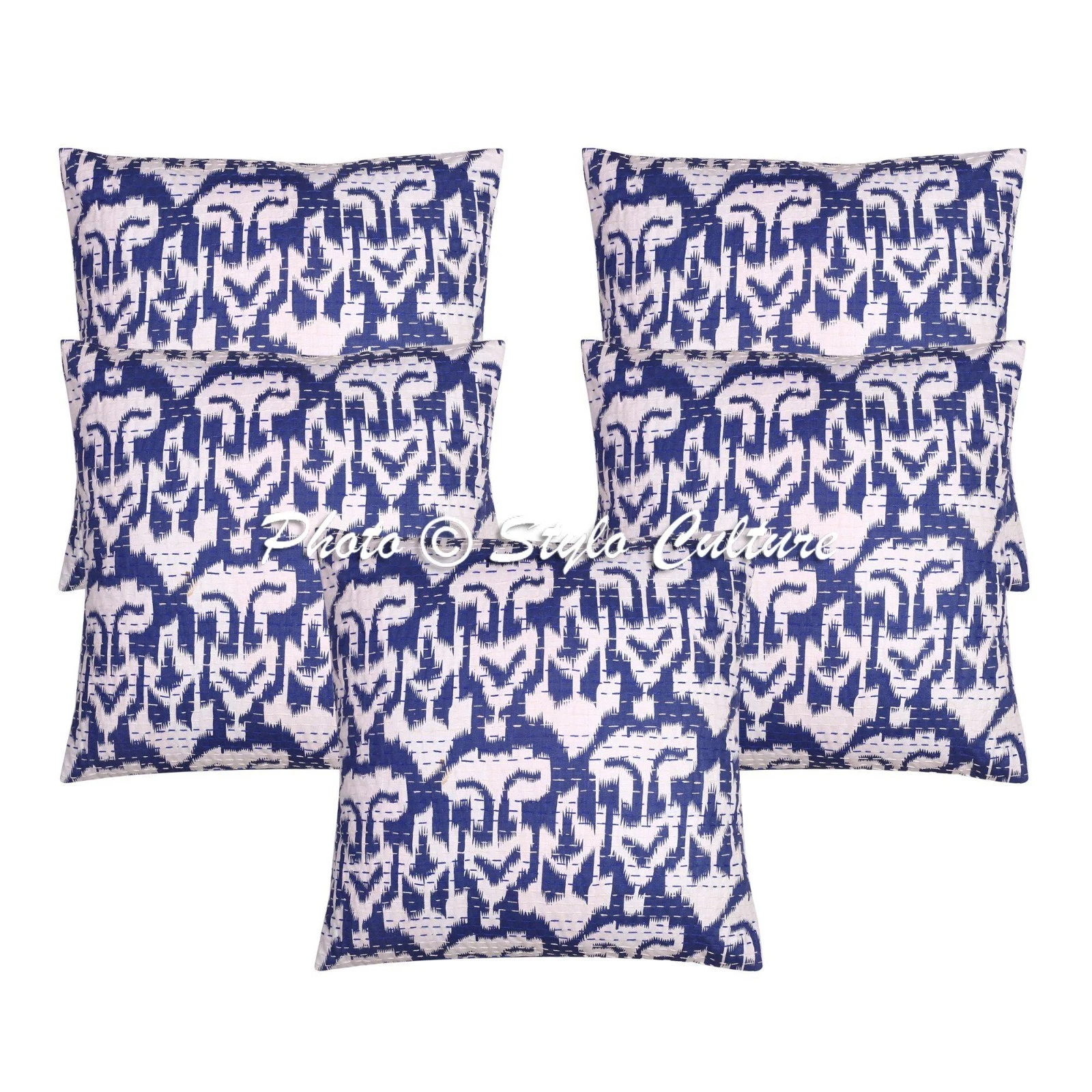 Boho Cotton Throw Pillow Covers Kantha Ink Blue Ikat Home Decor Cushion Cover