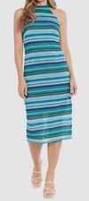 London Times Women's Blue Striped Crochet Mock Neck Dress Size 8