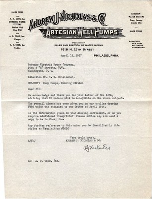 Andrew J Nicholas & Co Letter 1937 Artesian Well Pumps Philly Water Works PEPCO