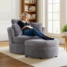 360° Swivel Barrel Chair Modern Circle Round LoveSeat Sofa Set with Ottoman