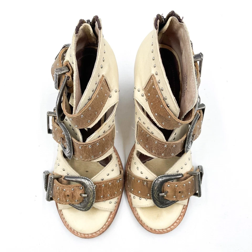 Freebird Violet Booties Western Buckle Heeled Sandals Beige Brown Studded Sz 7 - Image 2 of 4