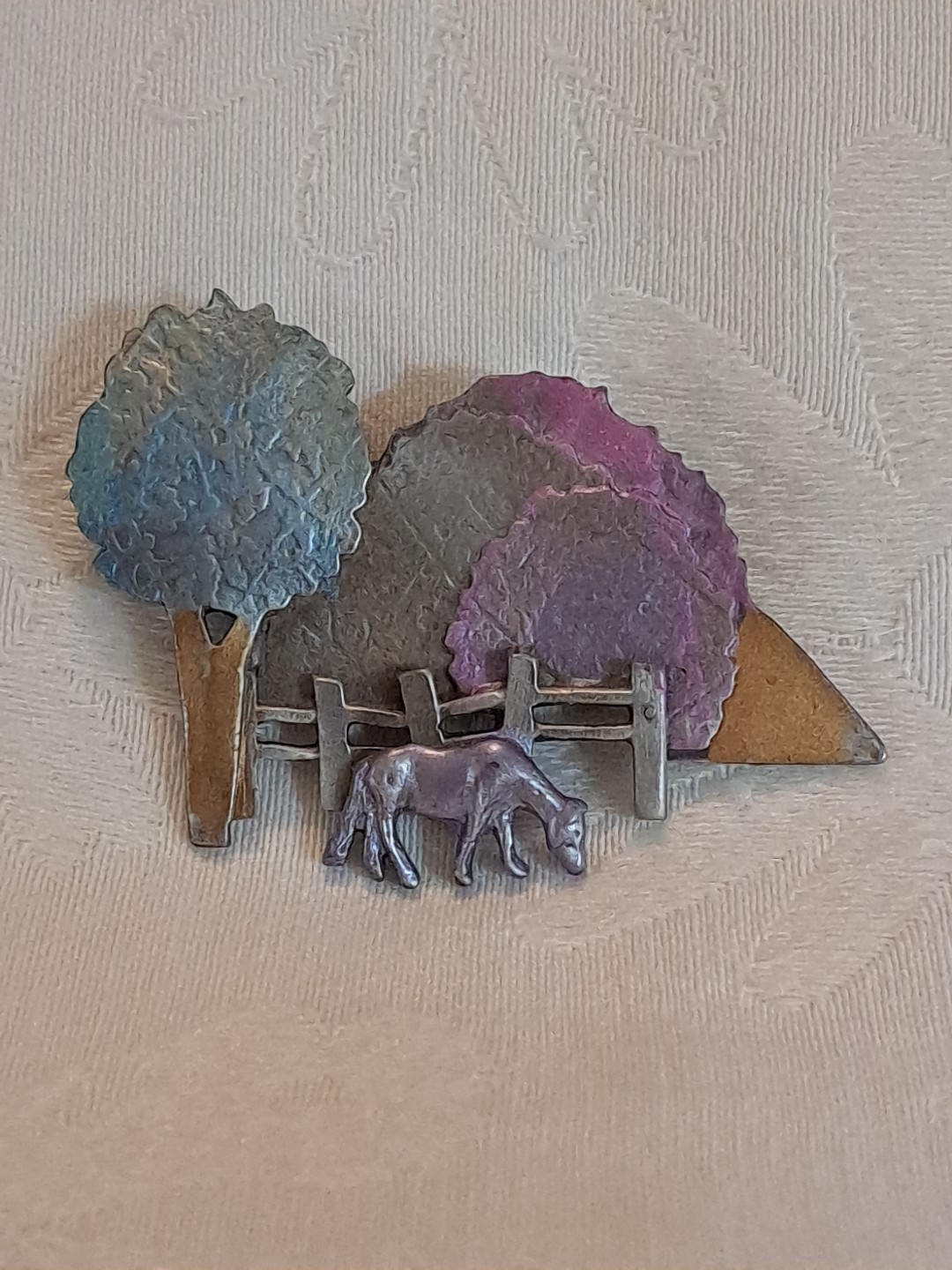 Vintage Horse Mountains Scenic Brooch Pin Signed Mystique Landscape Trees