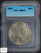 1934 Peace Silver Dollar $1 ICG MS 65 (Toned!)