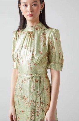LK Bennett Pistachio Metallic Cherry Blossom Print Silk Dress Size