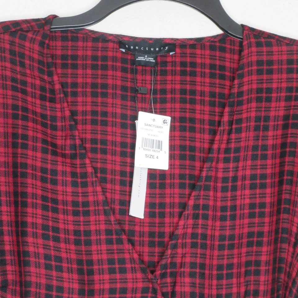 Nuevo con etiquetas Vestido Camisa Sanctuary Para Mujer Rojo Negro A Cuadros Manga Larga Imitación Envolvente Talla 4 B33 Foto 2 de 4