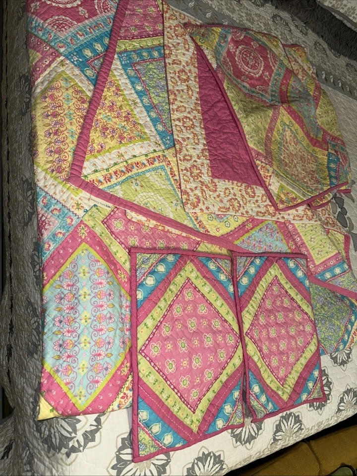 Vintage Pottery Barn Kid Quilt 90X86 F/Q Multicolor Patch Square Floral Set - Image 2 of 4
