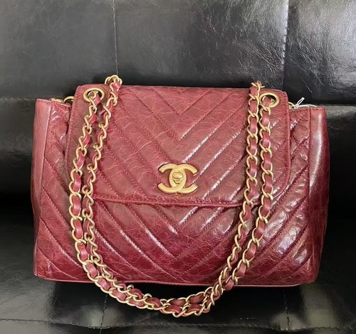 Chanel Chevron Quilted Flap Bag in Burgundy Glazed Calfskin with Gold Hardware,