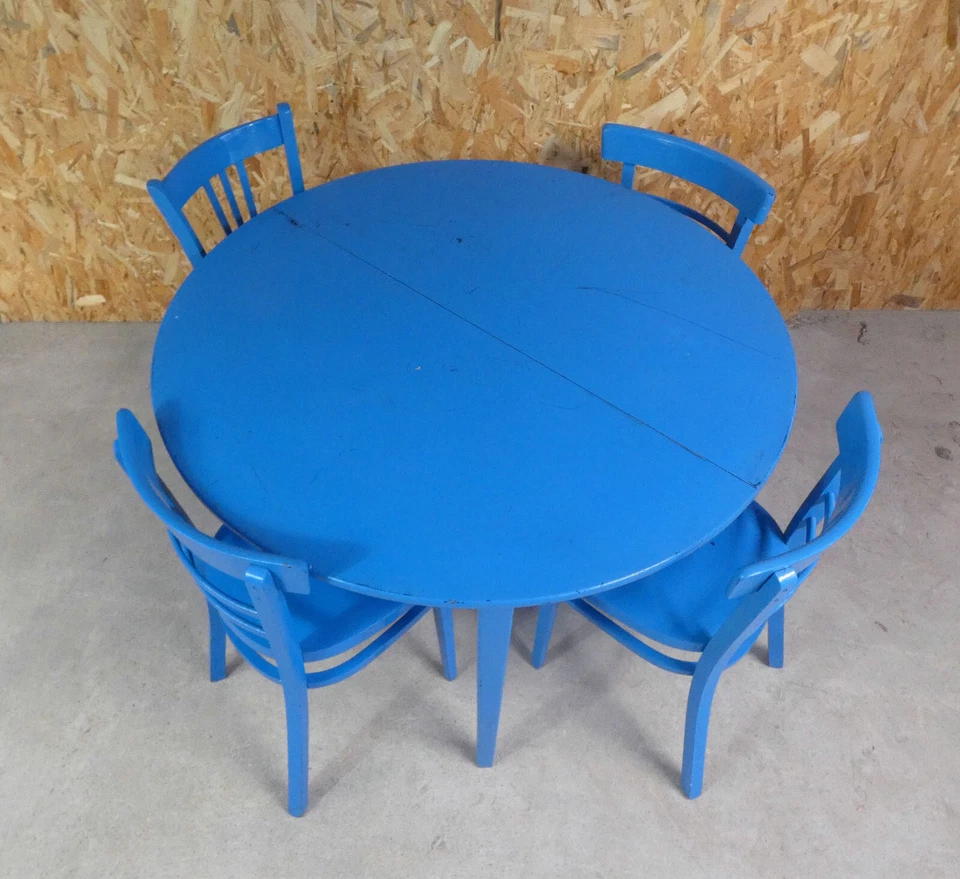 table à manger ronde avec 4 chaises et 2 rallonges bleu vintage - Photo 3/4