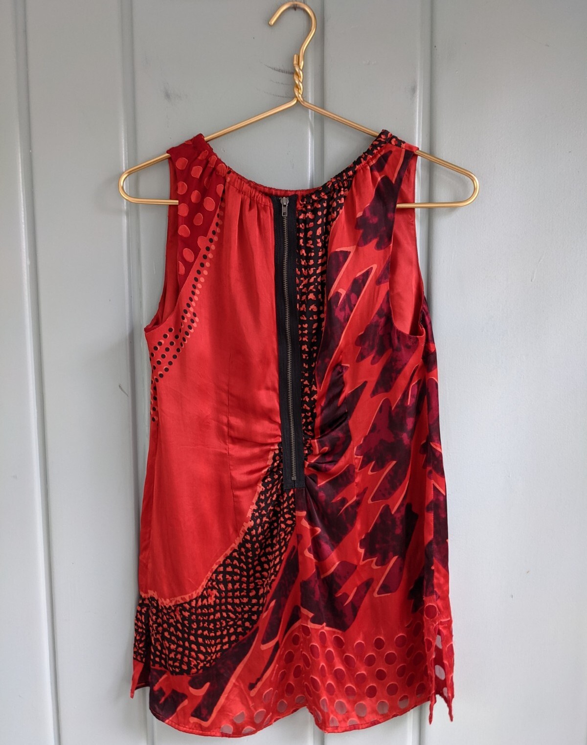 Cabi Womens Small 4 6 Tunic Red Silk Black Abstract Print Blouse Zipper ...