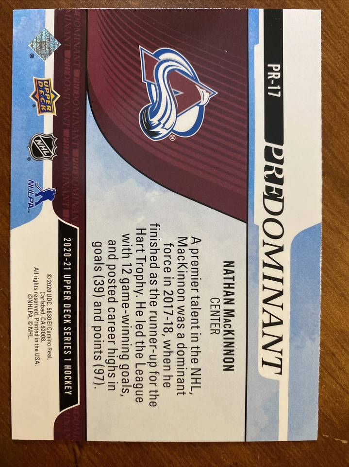 20-21 UD Series 1 Hockey Predominant PR-17 Nathan MacKinnon - Image 2 of 2
