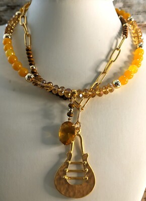 Natural Yellow Jade & Citrine Two Strand Bead In Paperclip Chain Necklace