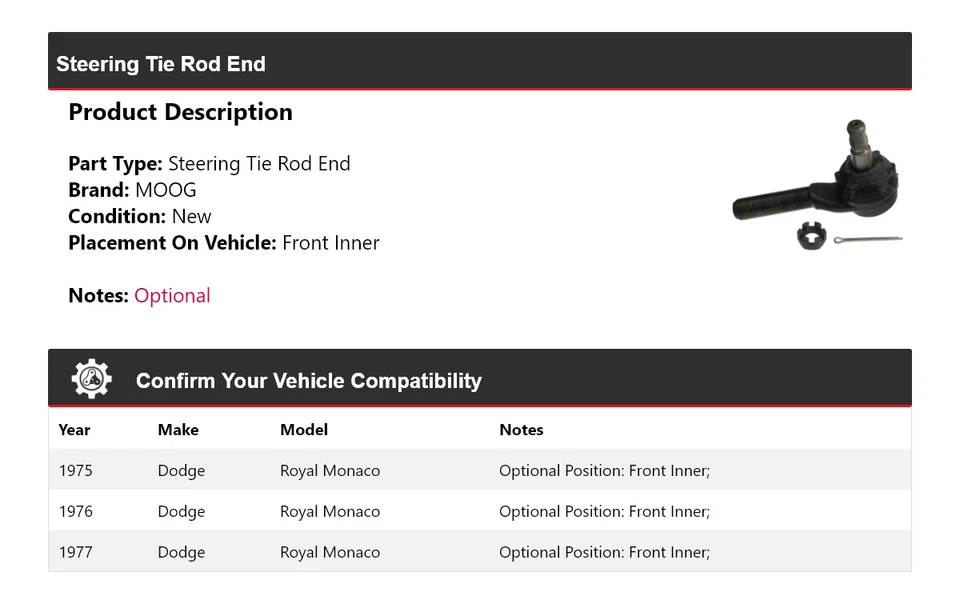 For 1975-1977 Dodge Royal Monaco Steering Tie Rod End Front Inner MOOG 1975 1976 - Image 2 of 4