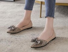 New Sweet Women Pointy Toe Flats Slip On Bowknot Rhinestones Pumps Party Shoes