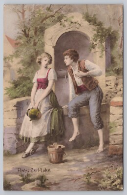 Pres du Puiles - Near the Well - Young Couple Courting at Well Art by A Renault