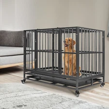 36" Silver Dog Crate Heavy Duty Metal Large Kennel Pet Cage House w/Wheels &Tray
