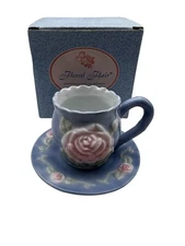 Russ Collectible Blue Floral Mini Porcelain 2” Tea Cup & 3.5” In Diameter Saucer