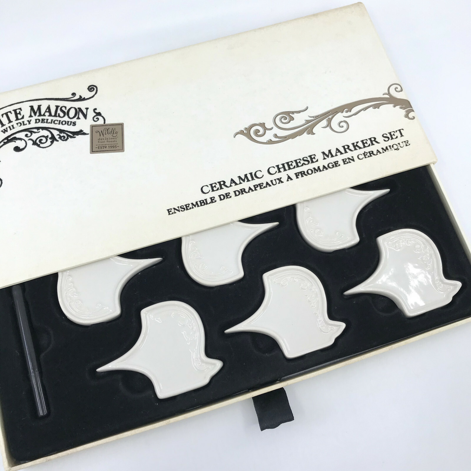 Ceramic Cheese Marker Picks Reusable Set 6 w Pen Petite Maison Boxed