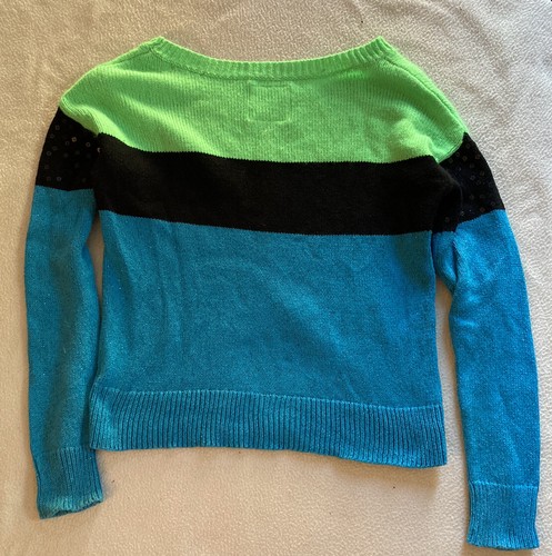Justice Striped Sequin Sweater Girls Size 12 Green Blue Black - Picture 4 of 4