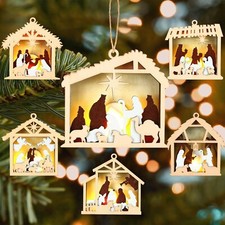 6 Pcs LED Nativity Scene Wooden Ornament 3D Christmas Religious Ornaments Rus...