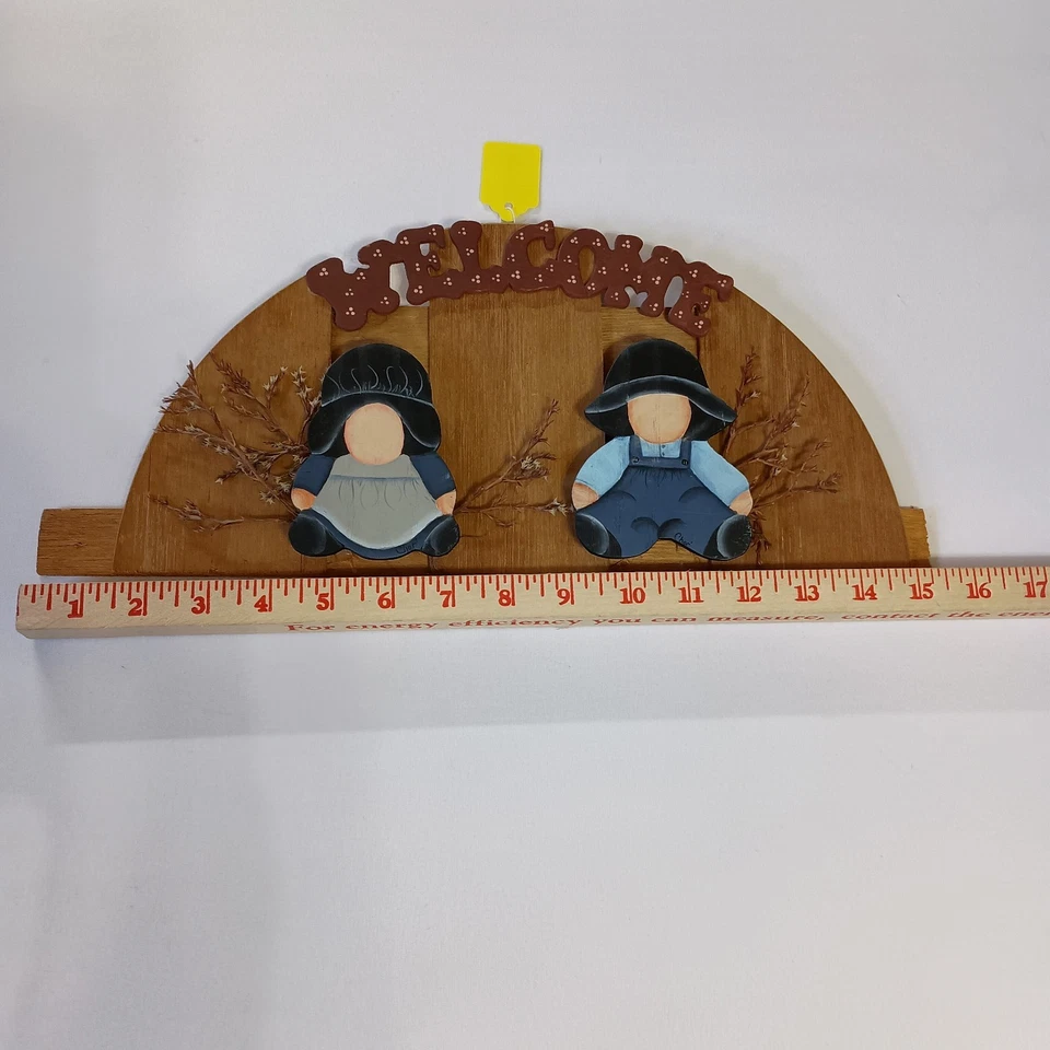 Welcome Sign Wood Wall Hanging Half Round Amish Boy And Girl Rustic Cottagecore - Image 3 of 4