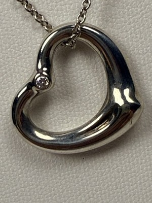 Tiffany & Co Elsa Peretti Open Heart Diamond Pendant Necklace Sterling Silver