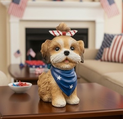 Patriotic Dog Figurine Americana Resin Statue 4th of July Shih Tzu Decor NWT