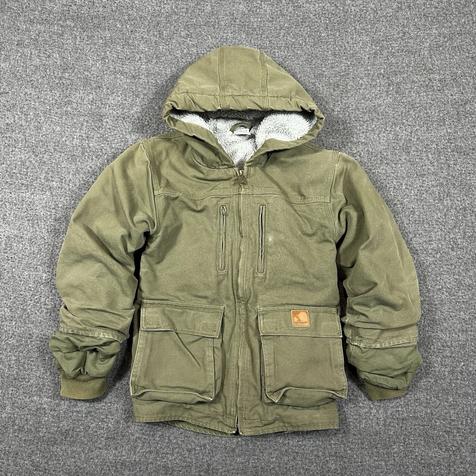 Carhartt Zip Up Parka Chore Hooded Jacket Olive Green Kids Small (8-10) Vintage
