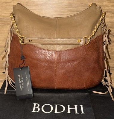 BODHI NWT Cognac Chestnut Brown/Beige Cracked Leather Fringe Shoulder Bag Purse