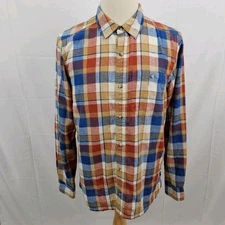 Toad & Co. Men's Plaid Linen Shirt Orange Red Blue Button Up Medium EUC
