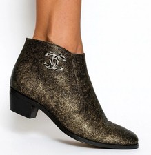 CHANEL Brown Metallic Coated CC Logo Block Heel Ankle Boots Size EU36.5