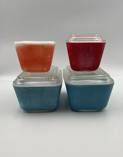 Vintage Pyrex Refrigerator Dish Lot 501 502 Red Orange Blue w Lids