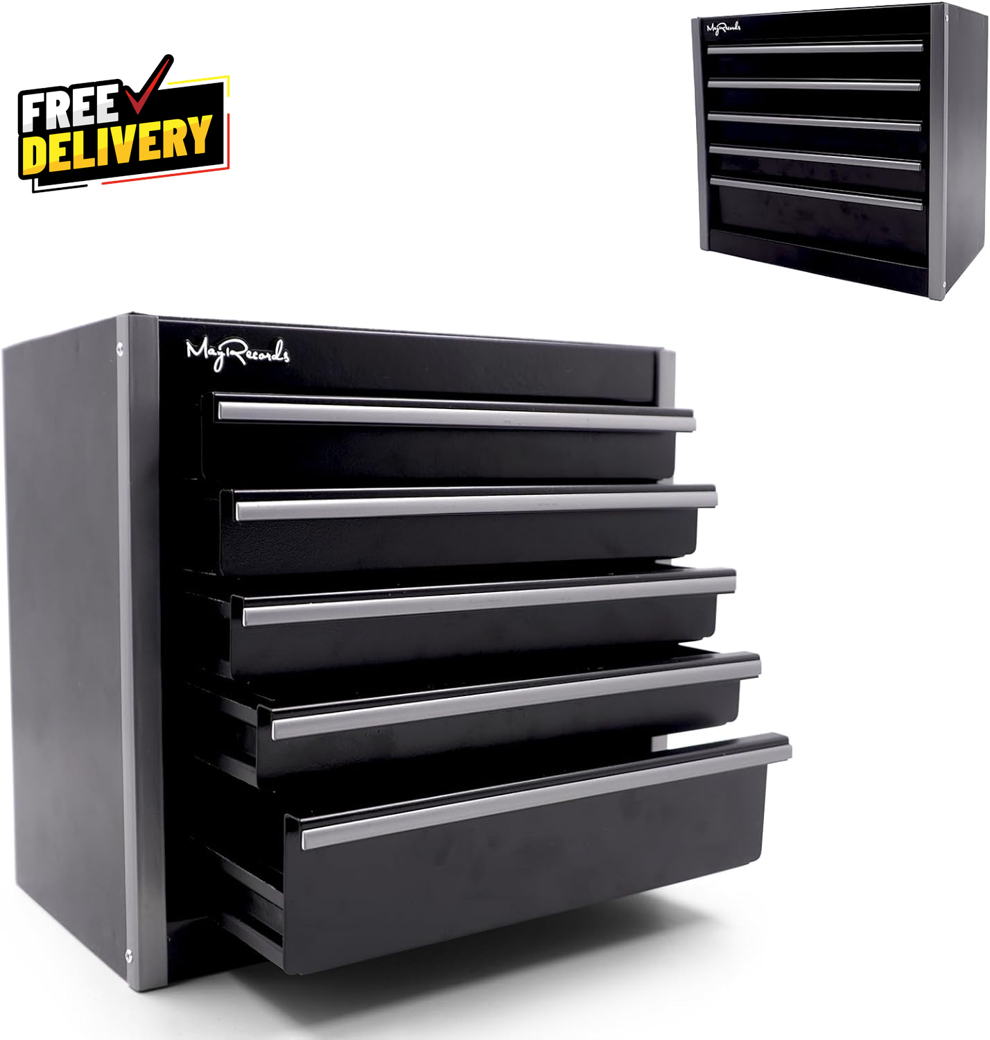 Black Mini Metal Tool Box with 5 Drawers and Top Storage Portable Tools Storage